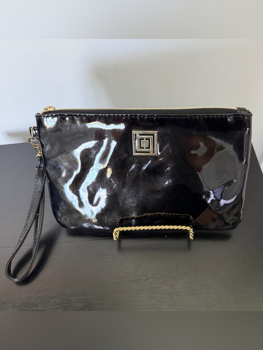 Liz Claiborne Black Patent Wristlet Clutch with Gold Accent